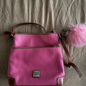 Dooney & Bourke Pink Pebbled Leather Crossbody with Brown Trim and Pom Pom